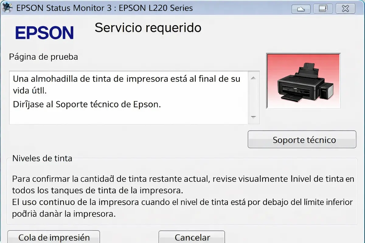 Mensaje de servicio requerido por almohadilla o depósitos de tinta llenos en Epson