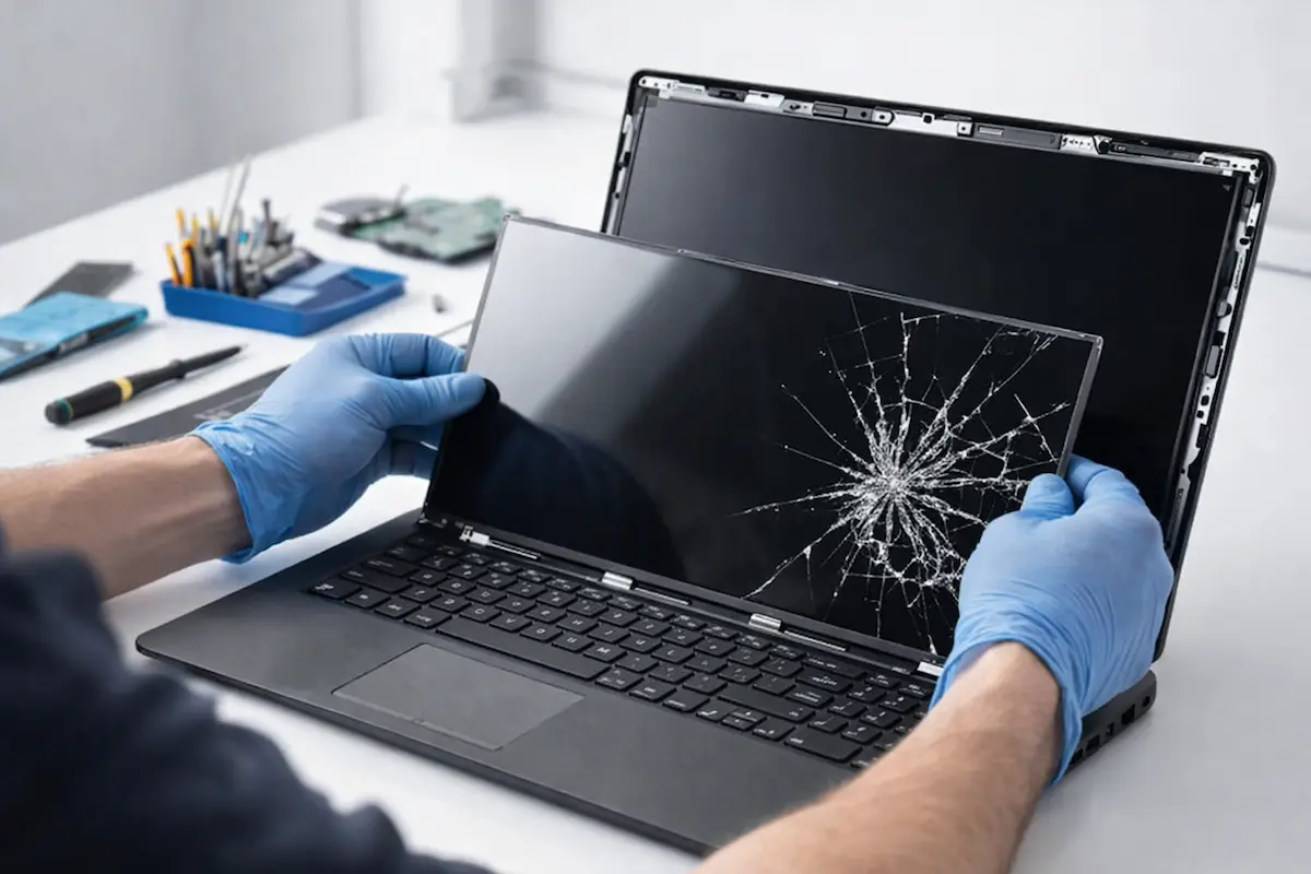 Técnico cambiando pantalla rota de portátil en Tenerife