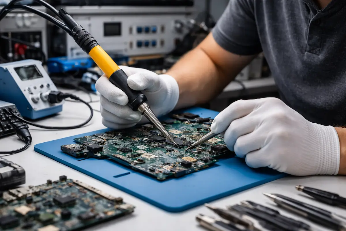 Técnico reparando placa base en taller de electrónica en Tenerife
